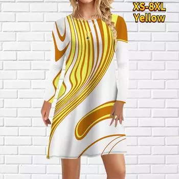 Женское повседневное платье с принтом в виде линий на масляной живописи, платья для женщин с круглым вырезом и коротким рукавом, платье больших размеров XS жёлтый