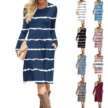 Женское повседневное платье с принтом в виде градиента и пайеток, весна-осень, карман, круглый вырез, длинные рукава, платья M