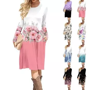 Женское повседневное платье с принтом в виде градиента и пайеток, весна-осень, карман, круглый вырез, длинные рукава, платья XL хаки