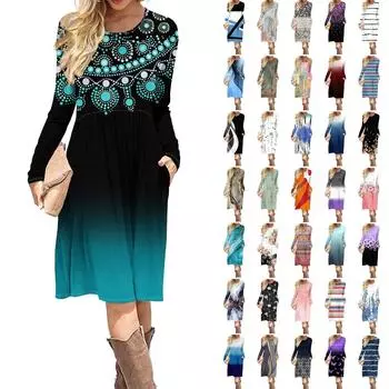 Женское повседневное платье с принтом в виде градиента и пайеток, весна-осень, карман, круглый вырез, длинные рукава, платья XL синий