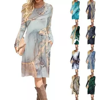 Женское повседневное платье с принтом в виде градиента и пайеток, весна-осень, карман, круглый вырез, длинные рукава, платья XXL