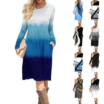 Женское повседневное платье с принтом в виде градиента и пайеток, весна-осень, карман, круглый вырез, длинные рукава, платья S