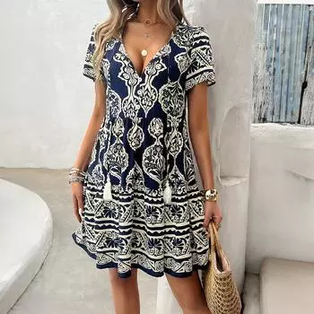 Женское повседневное платье с принтом в виде кисточек, глубоким V-образным вырезом и короткими рукавами S синий