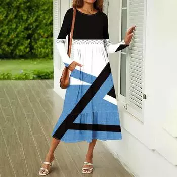 Женское повседневное платье с принтом, весенние платья с круглым вырезом и длинным рукавом L синий