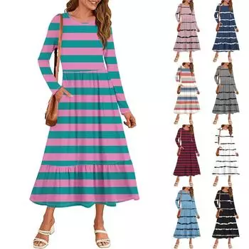 Женское повседневное платье с принтом, весна-осень, карман, круглый вырез, длинные рукава, платья M серый