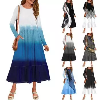 Женское повседневное платье с принтом, весна-осень, карман, круглый вырез, длинные рукава, платья L чёрный