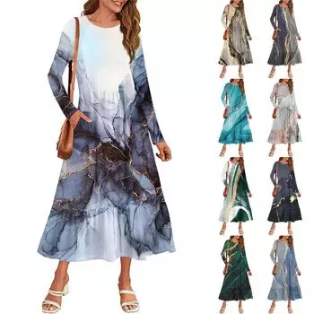 Женское повседневное платье с принтом, весна-осень, карман, круглый вырез, длинные рукава, платья S