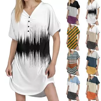 Женское повседневное платье с принтом, застегивающимся на пуговицы, коротким рукавом реглан S тёмно-синий