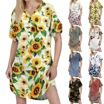 Женское повседневное платье с принтом, застегивающимся на пуговицы, коротким рукавом реглан S