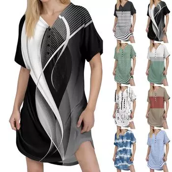 Женское повседневное платье с принтом, застегивающимся на пуговицы, коротким рукавом реглан XXL синий