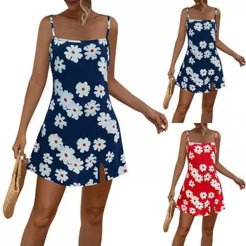 Женское повседневное платье с разрезом на подтяжках и квадратным вырезом с цветочным принтом L