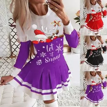 Женское повседневное платье с рождественским принтом плиссированной юбки с длинным рукавом XXL чёрный