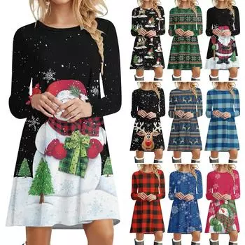 Женское повседневное платье с рождественским принтом и круглым вырезом, пуловер с длинными рукавами, кофейное настроение L синий