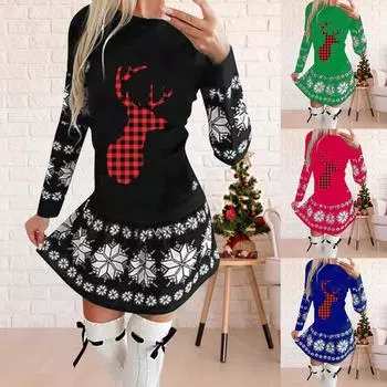 Женское повседневное платье с рождественским принтом и круглым вырезом, пуловер с длинными рукавами M чёрный