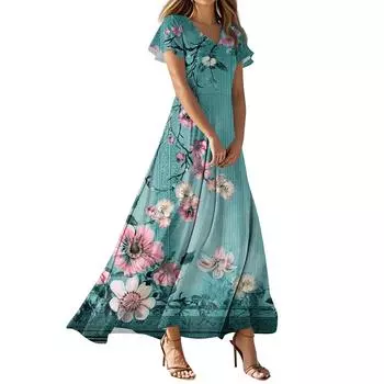 Женское повседневное платье с V-образным вырезом, коротким рукавом, высокой талией и принтом в виде цветов и листьев в стиле ретро L циан