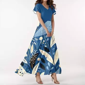 Женское повседневное платье с V-образным вырезом, коротким рукавом, высокой талией и принтом в виде цветов и листьев в стиле ретро L синий