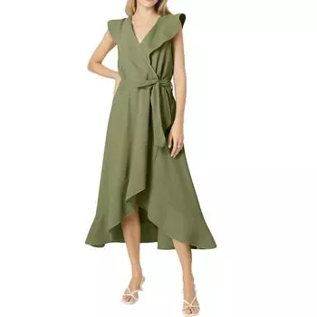 Женское повседневное платье с V-образным вырезом и короткими рукавами, длина по бокам, платье с листочками, длина по бокам L армия зеленый