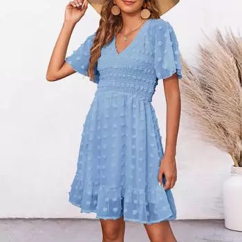 Женское повседневное платье с v-образным вырезом и короткими рукавами, пляжные летние платья в горошек с струящейся оборкой и подолом XL синий