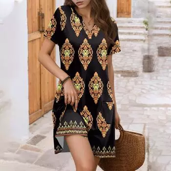 Женское повседневное платье с V-образным вырезом, платье для гостьи на свадьбу, модная одежда с коротким рукавом для пляжного отдыха XL чёрный