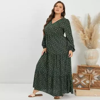 Женское повседневное платье с v-образным вырезом и длинным рукавом с цветочным принтом 2XL чёрный