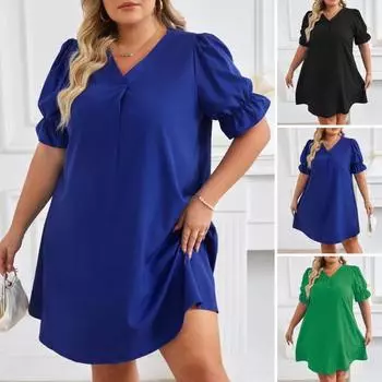 Женское повседневное платье с v-образным вырезом, пышным однотонным платьем с короткими рукавами, свободное платье длиной до колена, женская одежда больших размеров 3XL чёрный