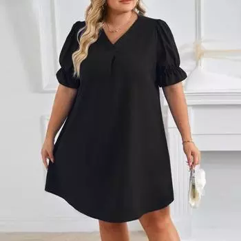 Женское повседневное платье с v-образным вырезом и пышным коротким рукавом, однотонное платье, свободное платье длиной до колена, большие размеры 3XL чёрный