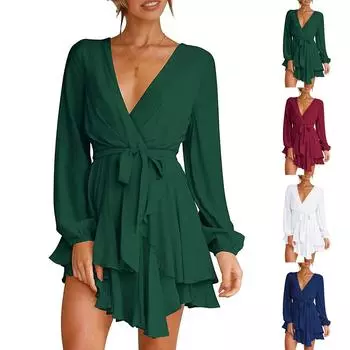 Женское повседневное платье с v-образным вырезом и длинными рукавами на талии, плиссированная юбка и подол L синий