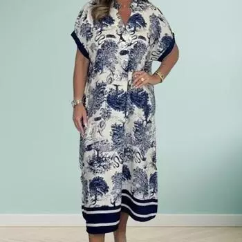 Женское повседневное платье с v-образным вырезом, длинное платье трапециевидной формы с коротким рукавом и винтажным принтом, летние свободные платья для пляжа XL синий