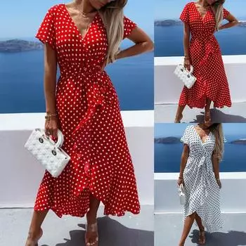 Женское повседневное платье с V-образным вырезом и завязками на талии с рюшами и рукавами в горошек XXL красный