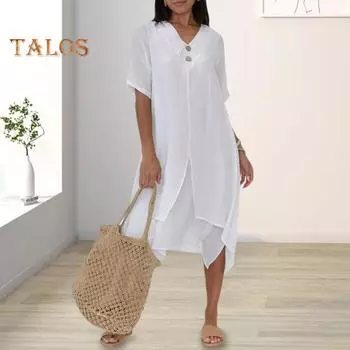 Женское повседневное платье с v-образным вырезом и короткими рукавами, декор на пуговицах, платье миди, однотонное платье с нерегулярным подолом, искусственное платье из двух частей L белый