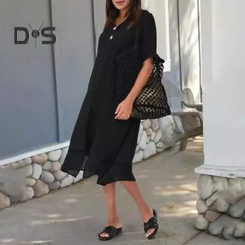 Женское повседневное платье с v-образным вырезом и короткими рукавами, декор на пуговицах, платье миди, однотонное платье с нерегулярным подолом, искусственное платье из двух частей L белый