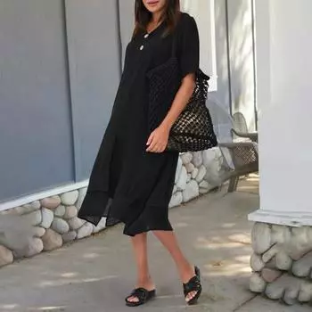 Женское повседневное платье с v-образным вырезом и короткими рукавами, декор на пуговицах, платье миди, однотонное платье с нерегулярным подолом, искусственное платье из двух частей L белый