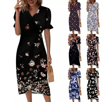 Женское повседневное платье с v-образным вырезом и коротким рукавом, винтажное платье с цветочным принтом, пляжные платья L чёрный