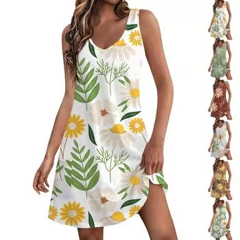 Женское повседневное платье с v-образным вырезом и цветочным принтом, пляжное платье с карманами L бежевый