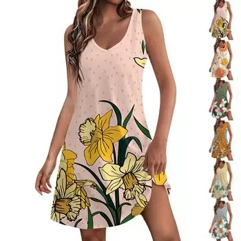 Женское повседневное платье с v-образным вырезом и цветочным принтом, пляжное платье с карманами L бежевый