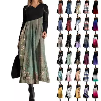 Женское повседневное платье с V-образным вырезом и длинными рукавами, свободное и объемное платье с принтом L армия зеленый