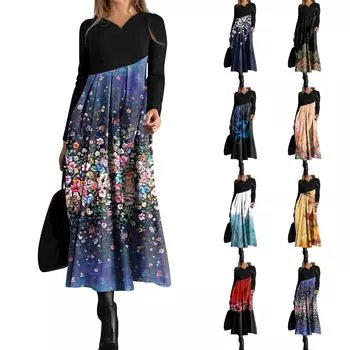 Женское повседневное платье с V-образным вырезом и длинными рукавами, свободное и объемное платье с принтом L чёрный