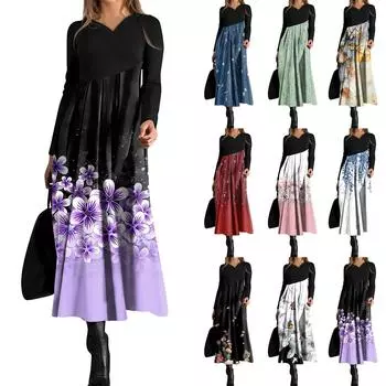 Женское повседневное платье с V-образным вырезом и длинными рукавами, свободное и объемное платье с принтом L чёрный