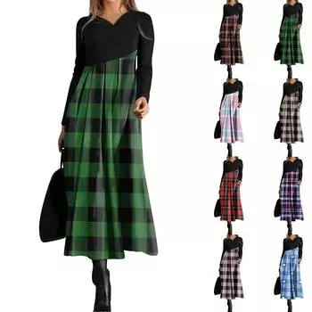 Женское повседневное платье с V-образным вырезом, длинными рукавами, клетчатым принтом, карманом на талии и свободным кроем L армия зеленый