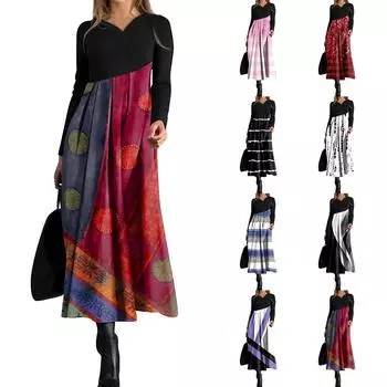 Женское повседневное платье с V-образным вырезом и длинными рукавами, свободное и объемное платье с принтом L чёрный