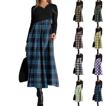 Женское повседневное платье с V-образным вырезом, длинными рукавами, клетчатым принтом, карманом на талии и свободным кроем L чёрный