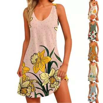 Женское повседневное платье с v-образным вырезом и цветочным принтом, пляжное платье с карманами L бежевый