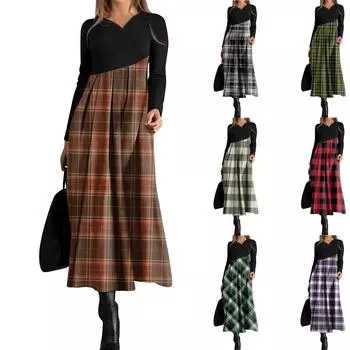 Женское повседневное платье с V-образным вырезом, длинными рукавами, клетчатым принтом, карманом на талии и свободным кроем L армия зеленый