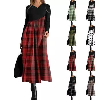 Женское повседневное платье с V-образным вырезом, длинными рукавами, клетчатым принтом, карманом на талии и свободным кроем S тёмно-синий