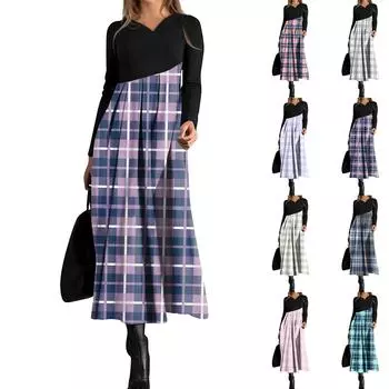Женское повседневное платье с V-образным вырезом, длинными рукавами, клетчатым принтом, карманом на талии и свободным кроем L бежевый