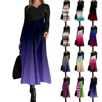 Женское повседневное платье с V-образным вырезом и длинными рукавами, свободное и объемное платье с принтом M синий