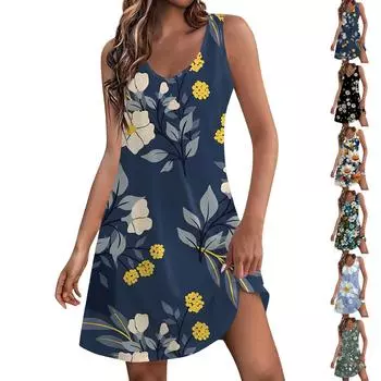 Женское повседневное платье с v-образным вырезом и цветочным принтом, пляжное платье с карманами L чёрный