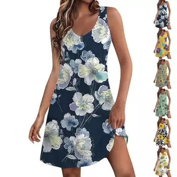 Женское повседневное платье с v-образным вырезом и цветочным принтом, пляжное платье с карманами L чёрный