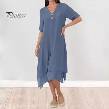 Женское повседневное платье с v-образным вырезом и короткими рукавами, декор на пуговицах, платье миди, однотонное платье с нерегулярным подолом, искусственное платье из двух частей L белый