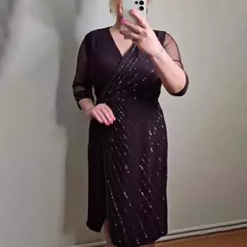 Женское повседневное платье с V-образным вырезом, коротким рукавом, облегающее платье длиной до колена, украшенное пайетками, однотонное платье XL фиолетовый